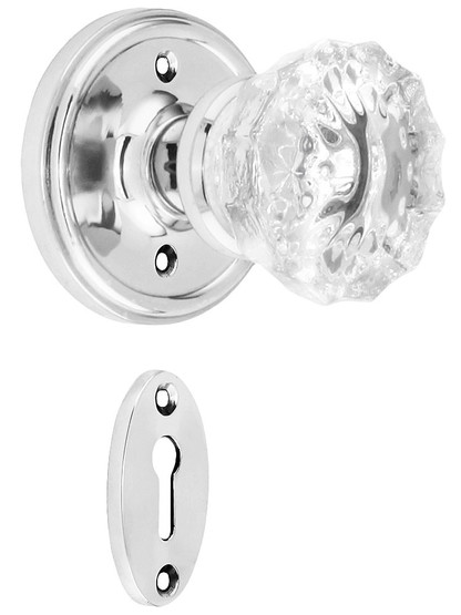Classic Rosette Mortise Lock Set With Fluted Crystal Door Knobs in Polished Chrome.